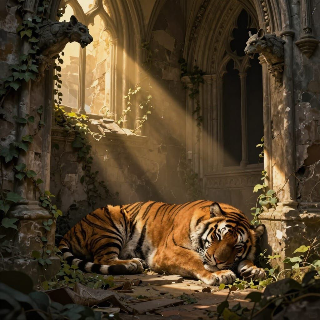 A majestic, solitary tiger sleeps peacefully in a sun-drenched alcove of a crumbling gothic cathedral. ...  by @Dave