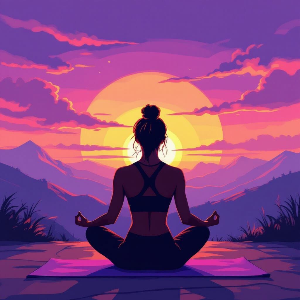 Woman Practicing Yoga Under Purple Sunset in Digital Art Sty...