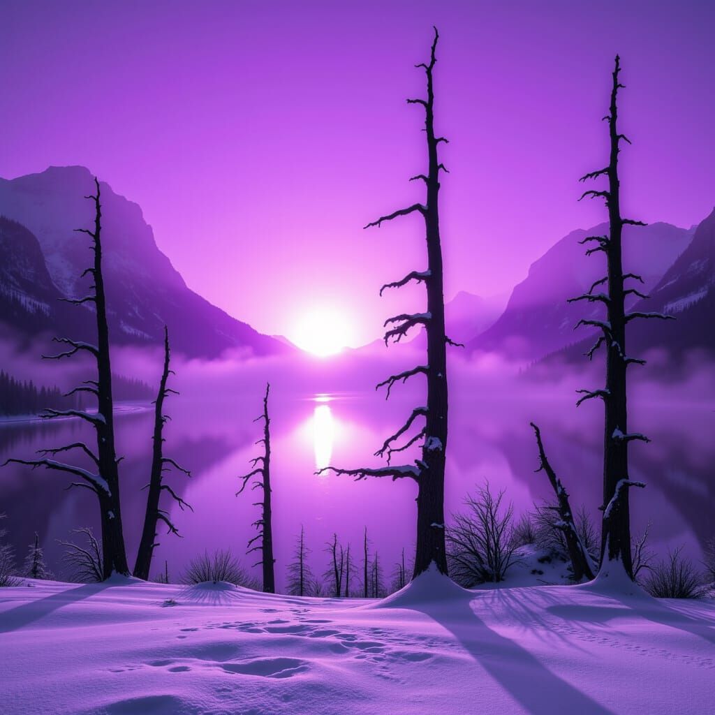 <lora:Purple Haze:1.0> Concept art, medium shot of a magical, vivid purple haze sunrise over a serene snow-covered mountain lake with striki...