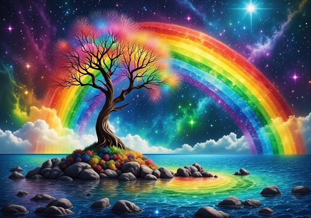 <lora:Rainbow Intensity:1.0> Watercolor alcohol ink painting, Magnificent tree of life growing on a rock in a rainbow sea, rainbow glitter,...