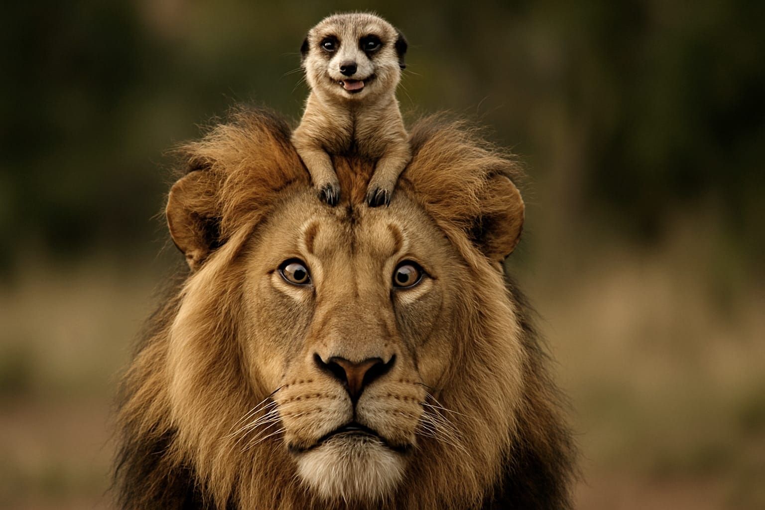 Erdmännchen sitzt auf dem Kopf des Löwen