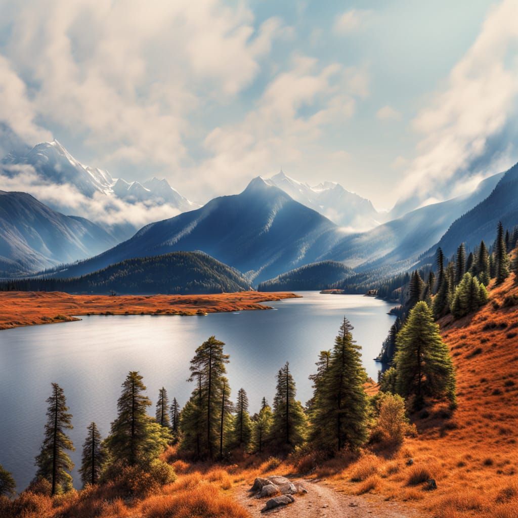A mountain lake with tall trees, HDR, beautifully shot, hyperrealistic, sharp focus, 64 megapixels, perfect composition, high contrast, cine...