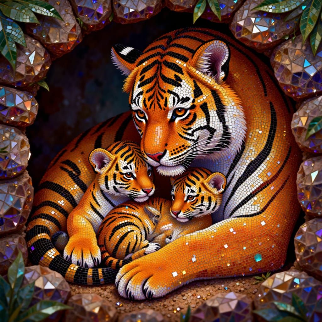 A tiger mom nursing cubs in diamond painting style <lora:Diamond Painting:1.0>