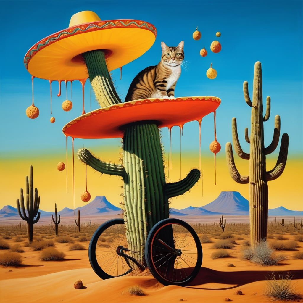 Surreal Cat on Unicycle Rides Through Taco Desert