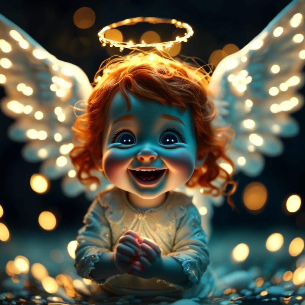 cinematic film still of a cute ginger angel giggling, absolutely adorable with bioluminescent eye retinas. highly detailed, shallow depth of...