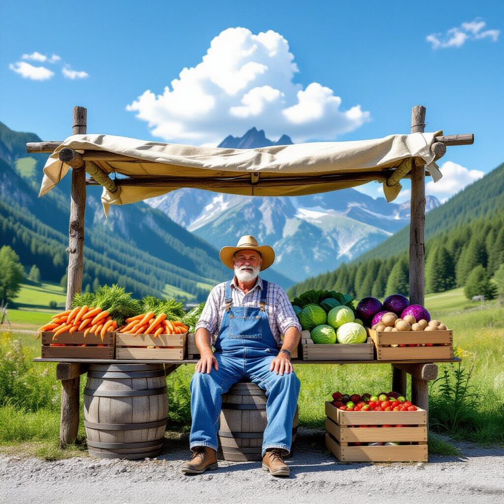 Old grizzled farmer wearing blue jean overalls sitting on an oak barrel.  He is selling produce from ...  by @whoopwhoop