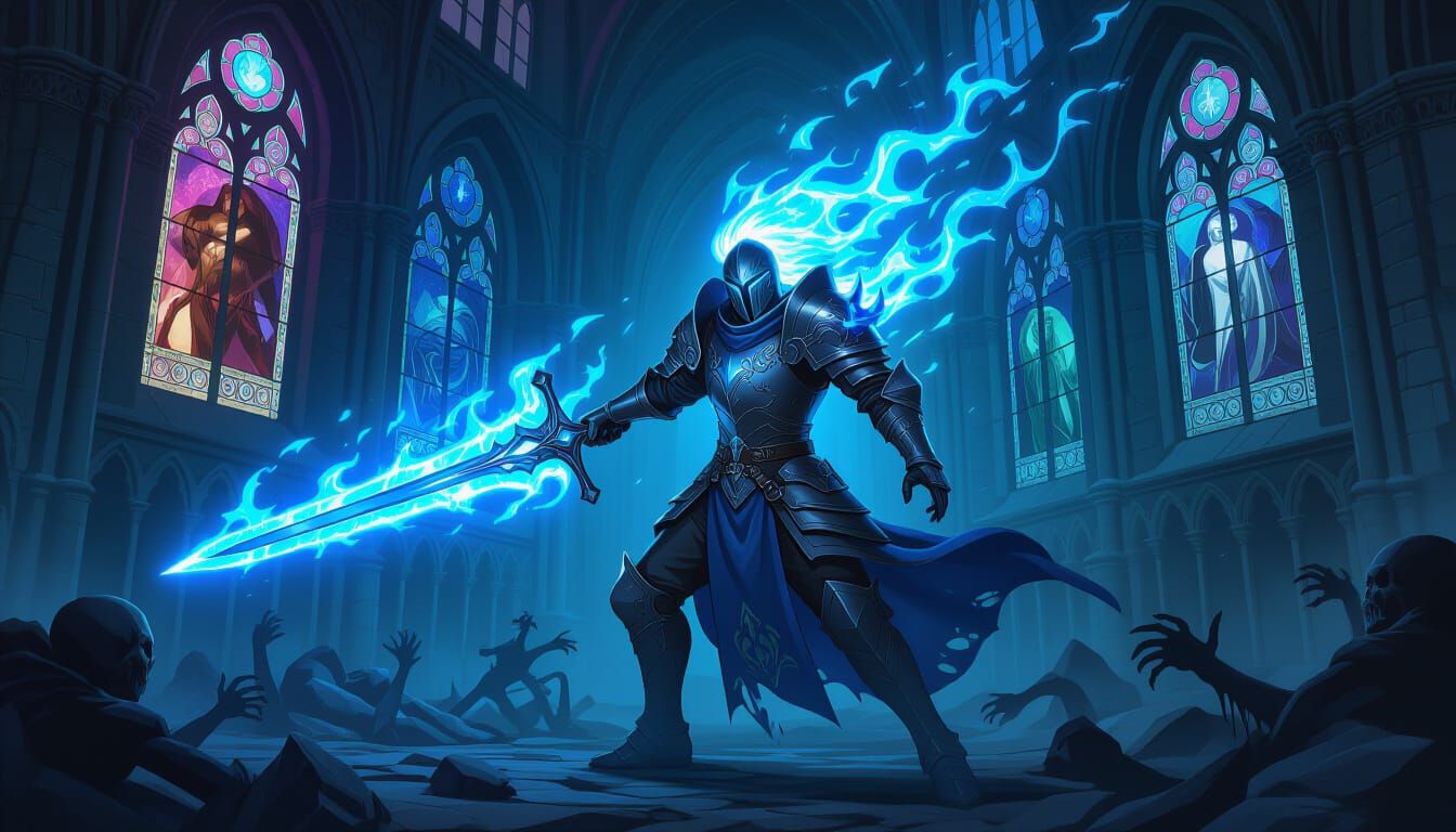 A spectral knight, wreathed in ethereal blue flames, wields a glowing sword against an unseen foe in a ruined, gothic cathedral. Stained gla...