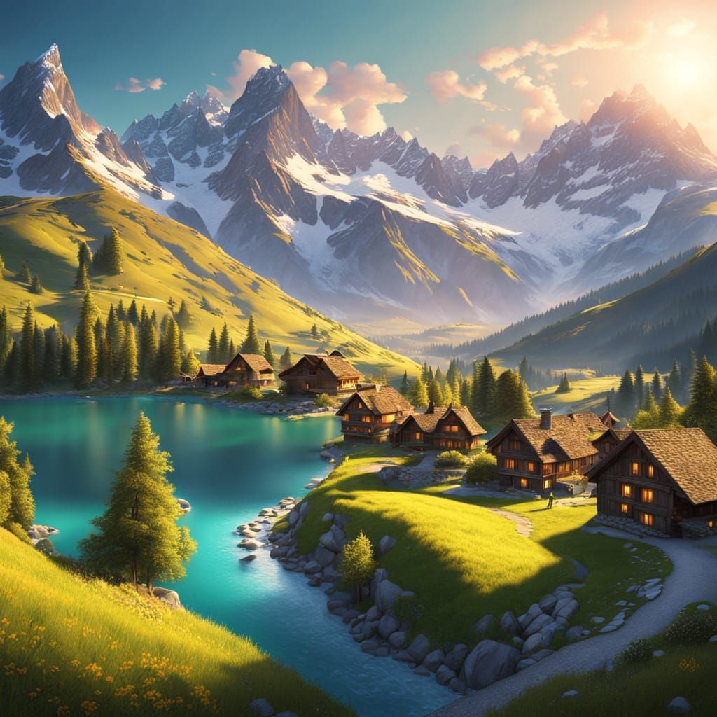 Majestic Swiss Alps Landscape Digital Painting