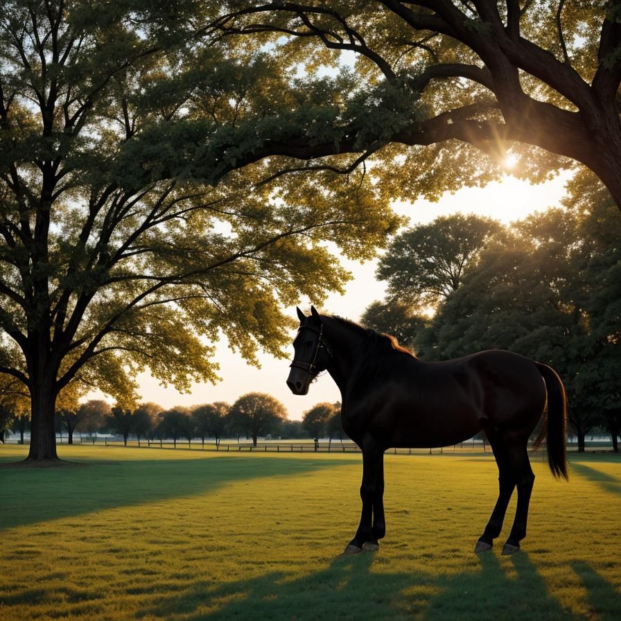 Beautiful black horse,with golden mane, in a park. Sunset.