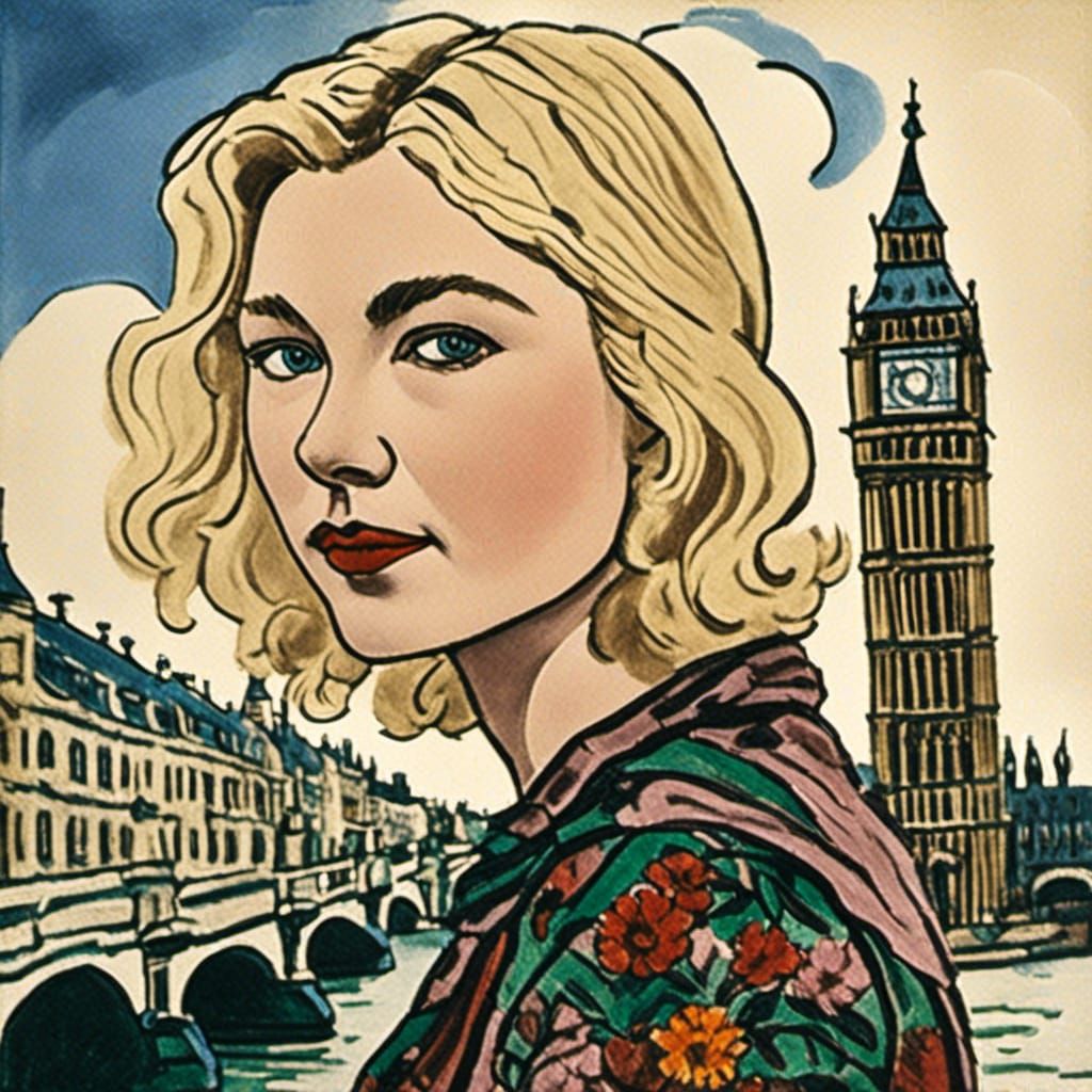 <lora:DongHoFolkPainting2:1.0> Portrait painting of a blonde young actress , Big Ben tower background