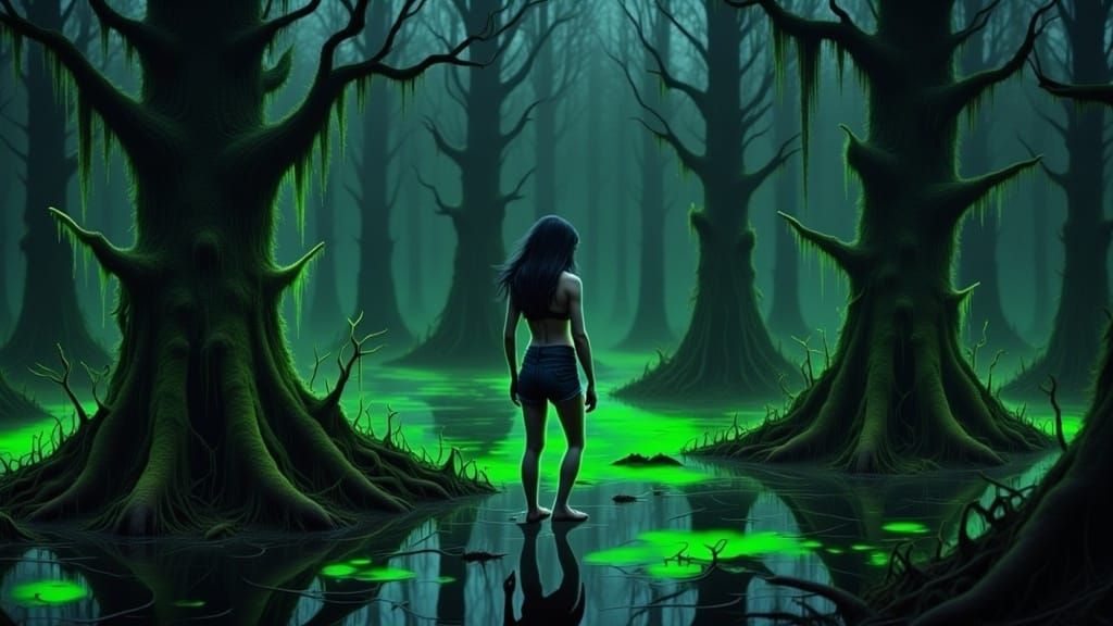 forward view of pretty girl in dirty cutoff shorts and halter top exploring a swamp on a dark night with creepy bright green glowing tendril...