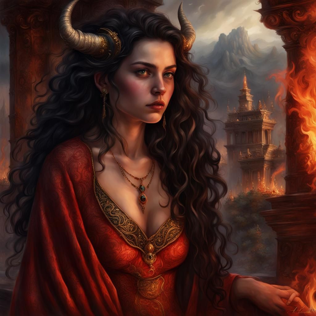 Medieval Maiden in Fiery Hues, Fantasy Concept Art