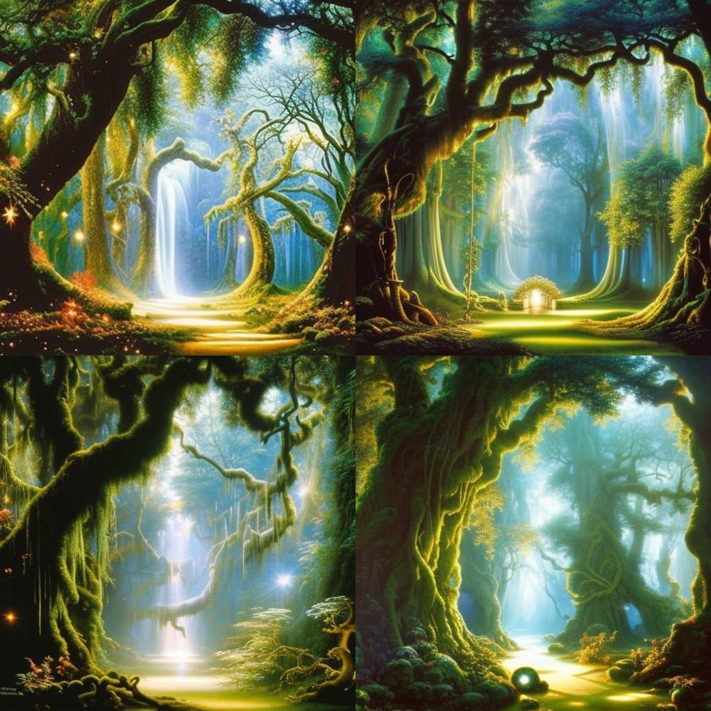 an enchanted woodland with sparkling glitter in the air and fantastical