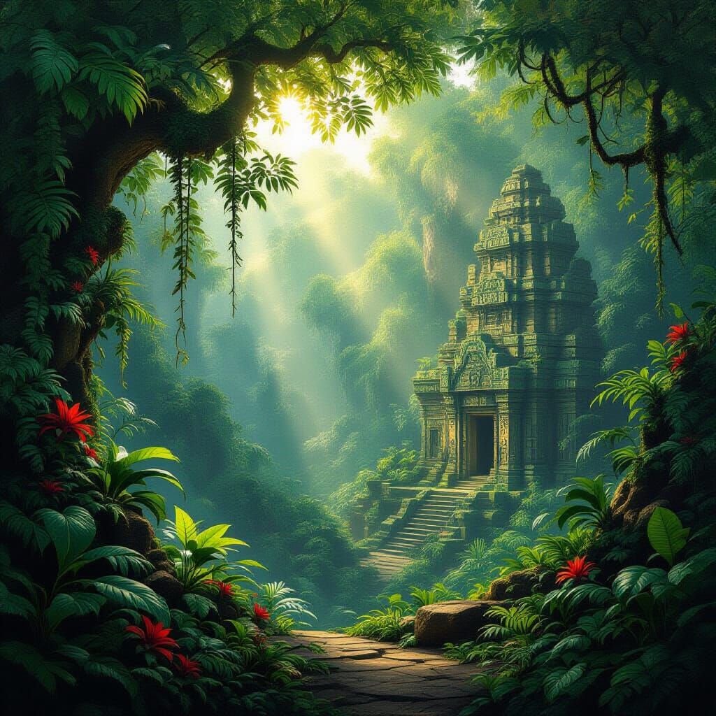 Mystical Jungle Ruins in Lush Emerald and Gold