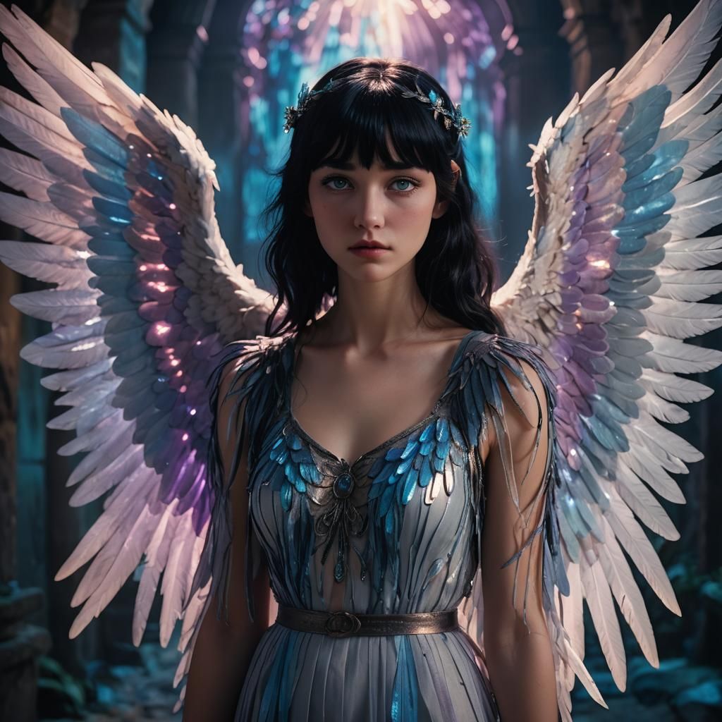 Shy girl angel with black bangs and blue eyes and wings. Cinematic film still, shot on v-raptor XL, film grain, vignette, color graded, post...