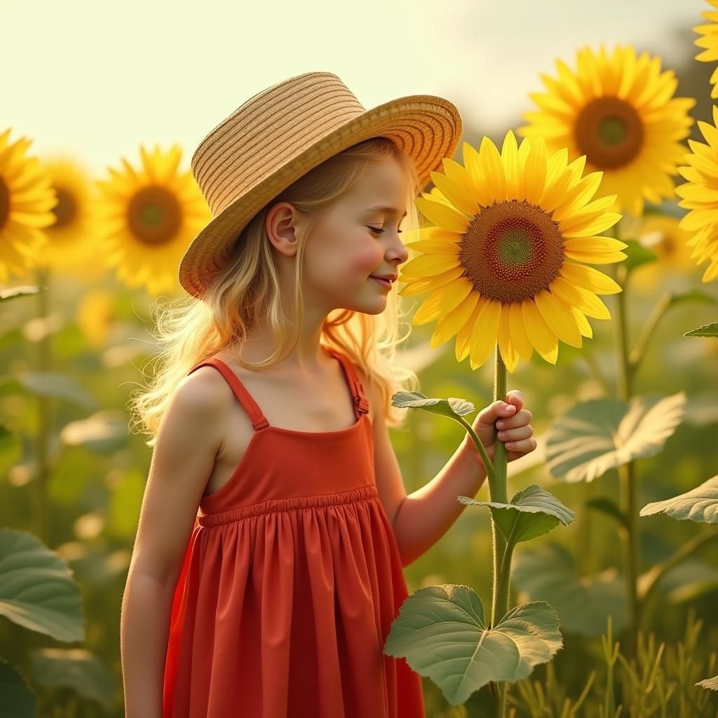 Fair-Haired Girl Among Sunflowers in Vibrant Field