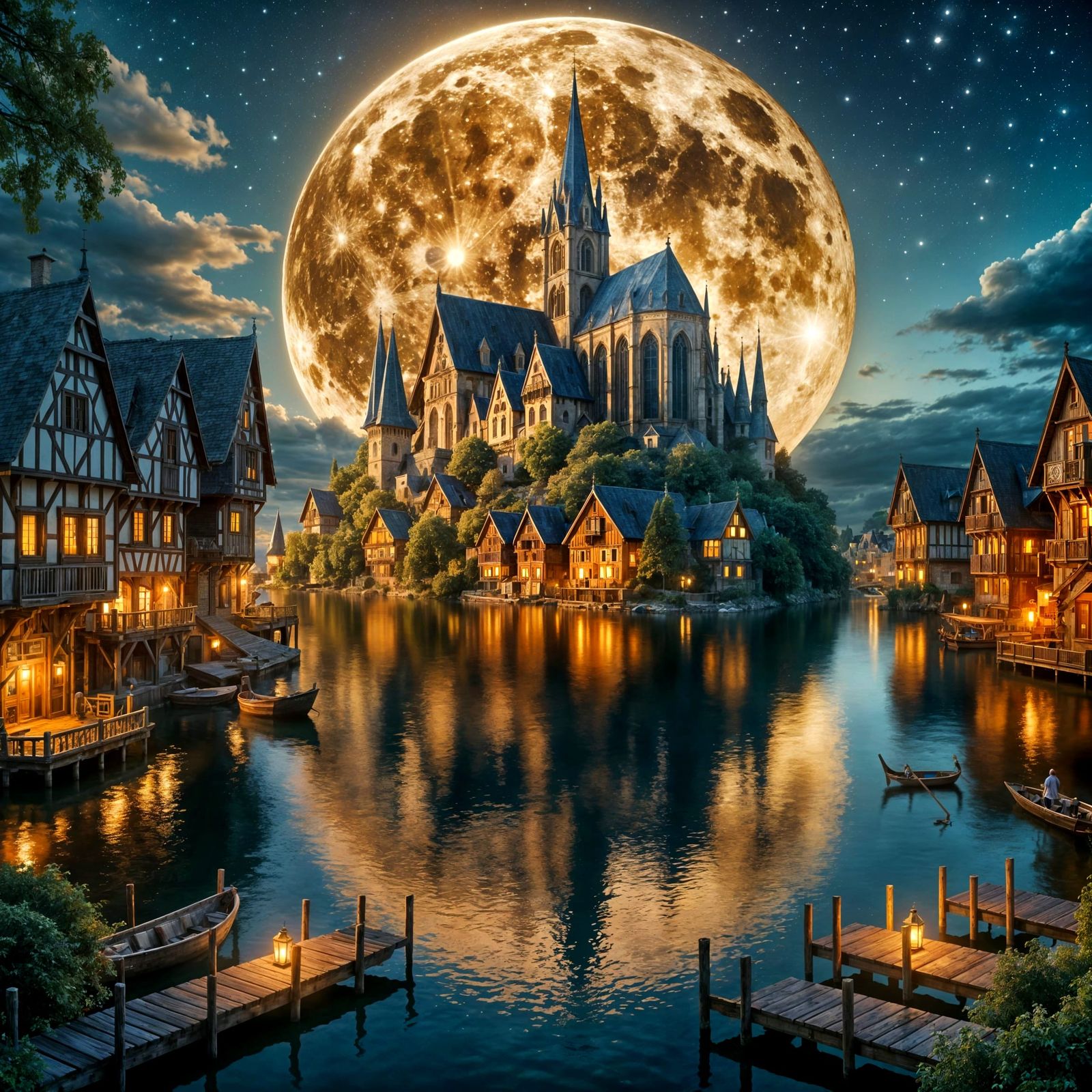 Medieval Village Under Full Moon