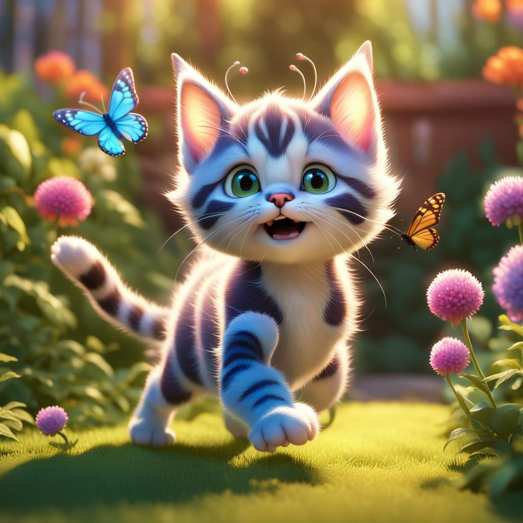 A playful kitten chasing after a butterfly in a sun-dappled garden, its ...