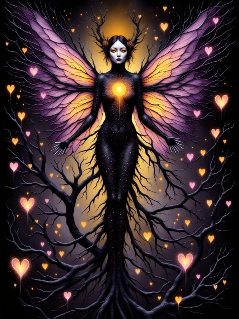 Eerie Fairy in Dark Forest with Fiery Eyes