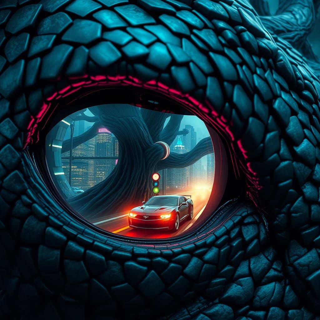 For today's challenge, imagine a macro view of the intricate patterns on the scales of a dragon's eye, with a reflection of a sleek, futuris...