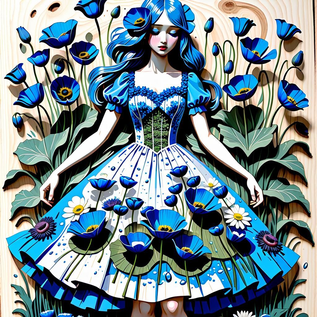Surreal Floral Transformation in Woodblock Style