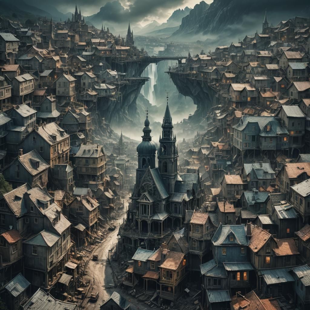 Epic Cinematic Double Exposure of Mystic Town at Twilight
