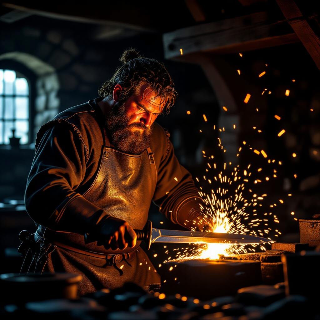 "Medieval blacksmith forging a glowing sword, sparks flying, 8K"
