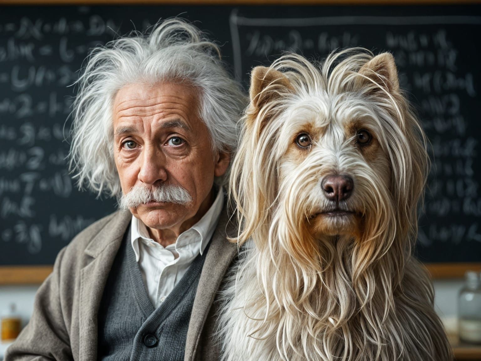 Whimsical, photorealistic portrait. Albert Einstein, wild white hair and thoughtful eyes, stands beside ...  by @Pinto