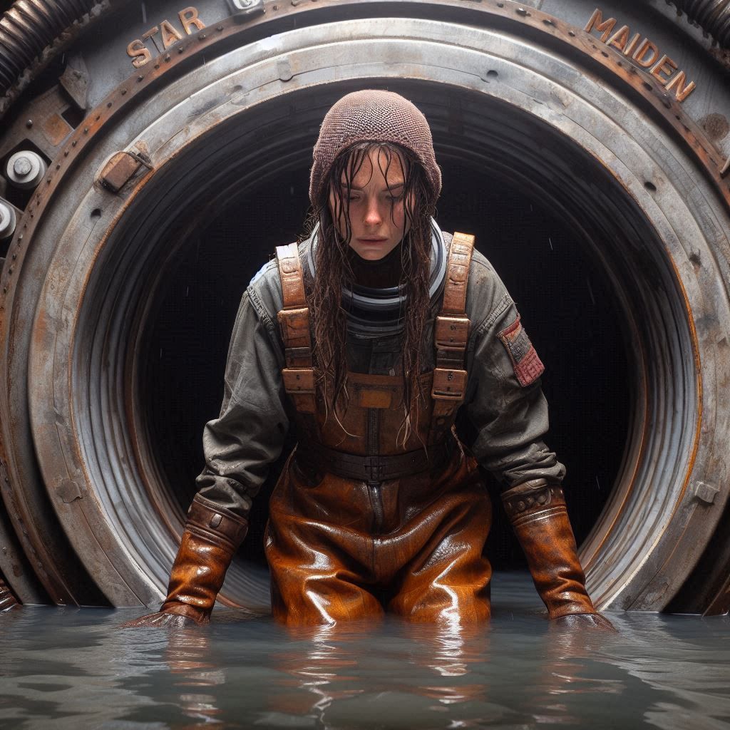 A tired female worker enters the water tank of an old spacef...