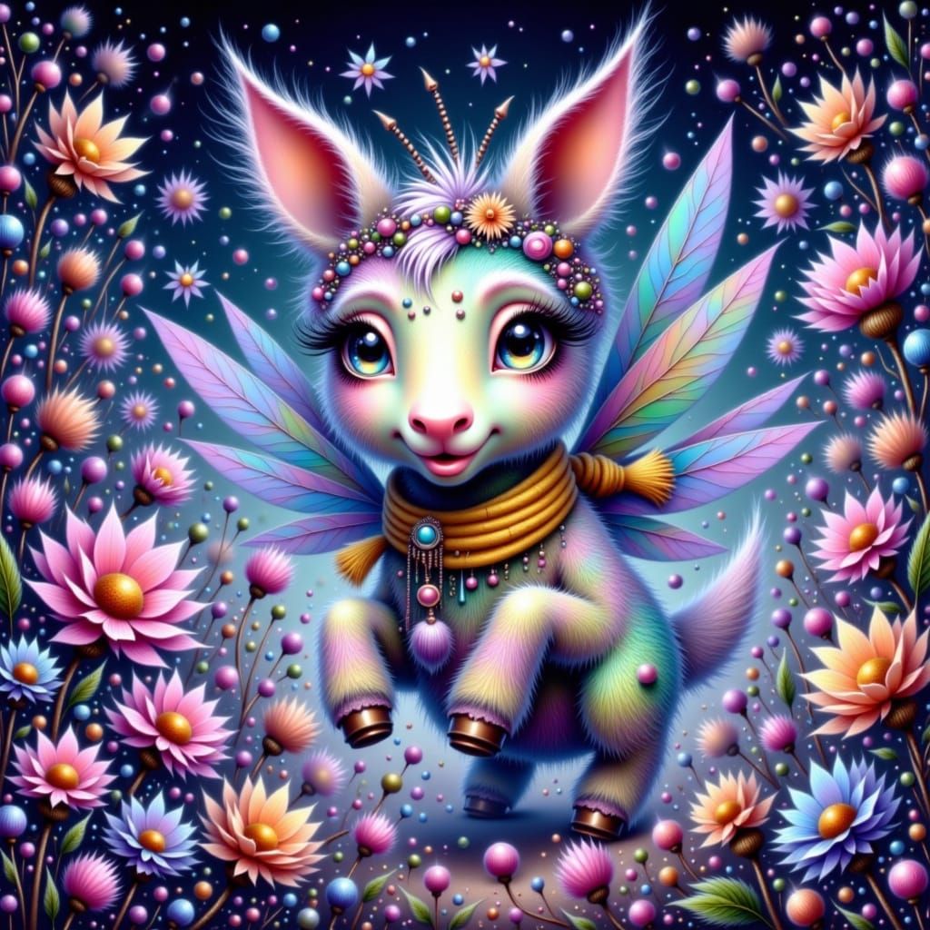 Whimsical Mr. Tiny Hooves in Sunny Meadow shows a small, fluffy animal character named Mr. Tiny Hooves bouncing in a meadow. The character w...