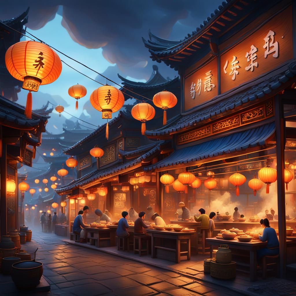 Asian Noodle Shop Dusk Scene in Vibrant Oil Painting Style