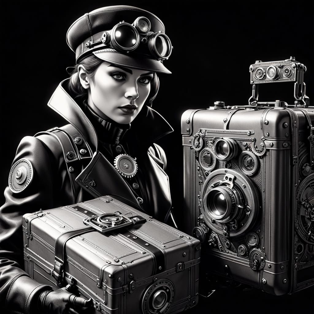 Steampunk Cyborg Inspects Package in Noir Illustration