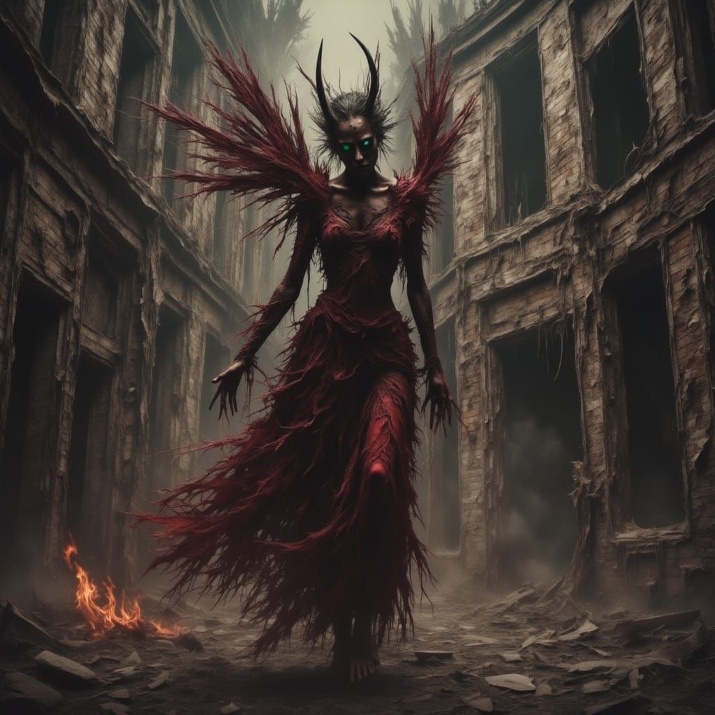 Dark Ruby Demoness in Post-Apocalyptic Wasteland