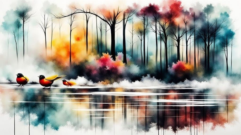 dripping watercolor of a rainforest with birds and rippled reflections by artist "Thomas Cole"; blotted, splatter;heavy paper, ethereal suns...