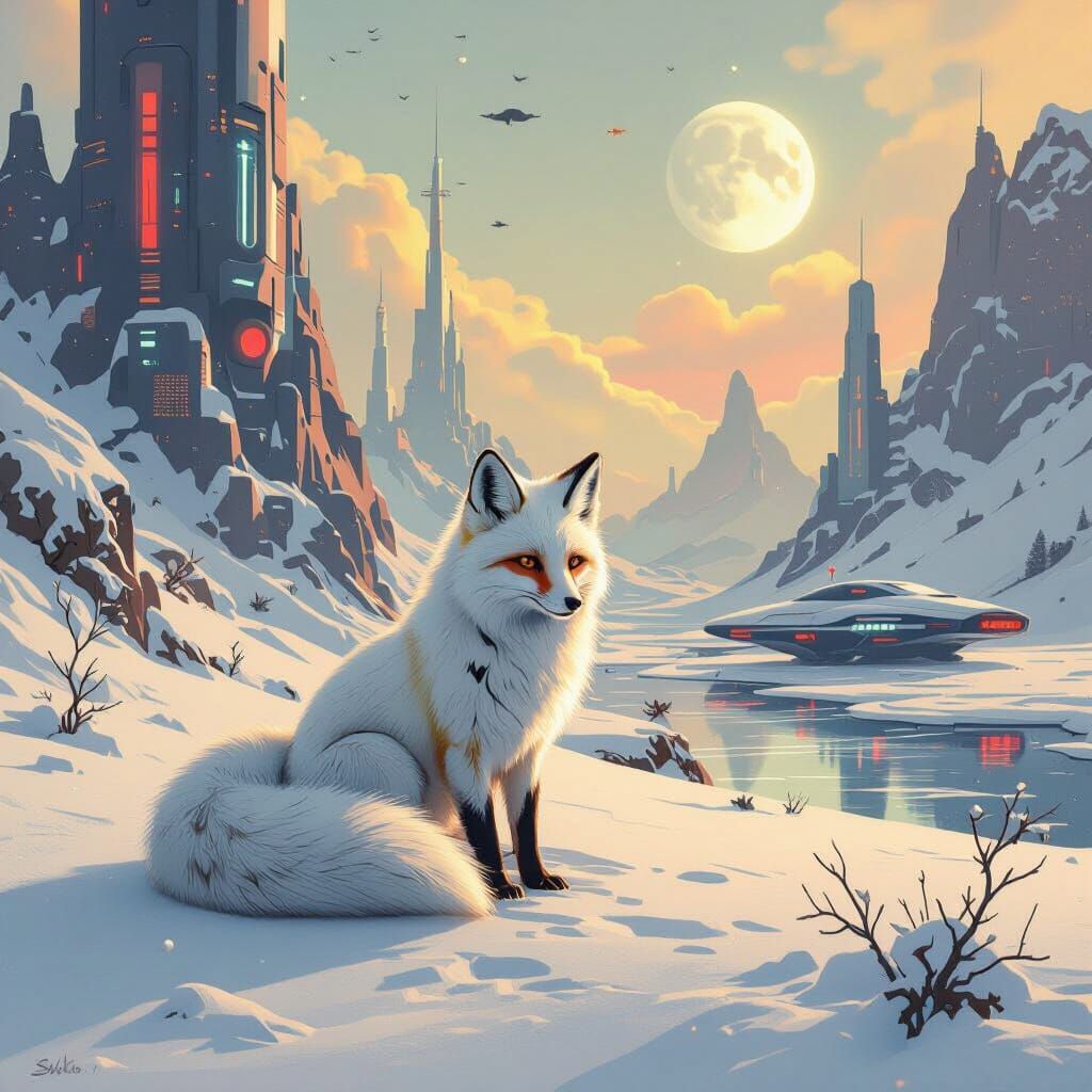 Snow Fox in Historical Sci-Fi Dreamscape