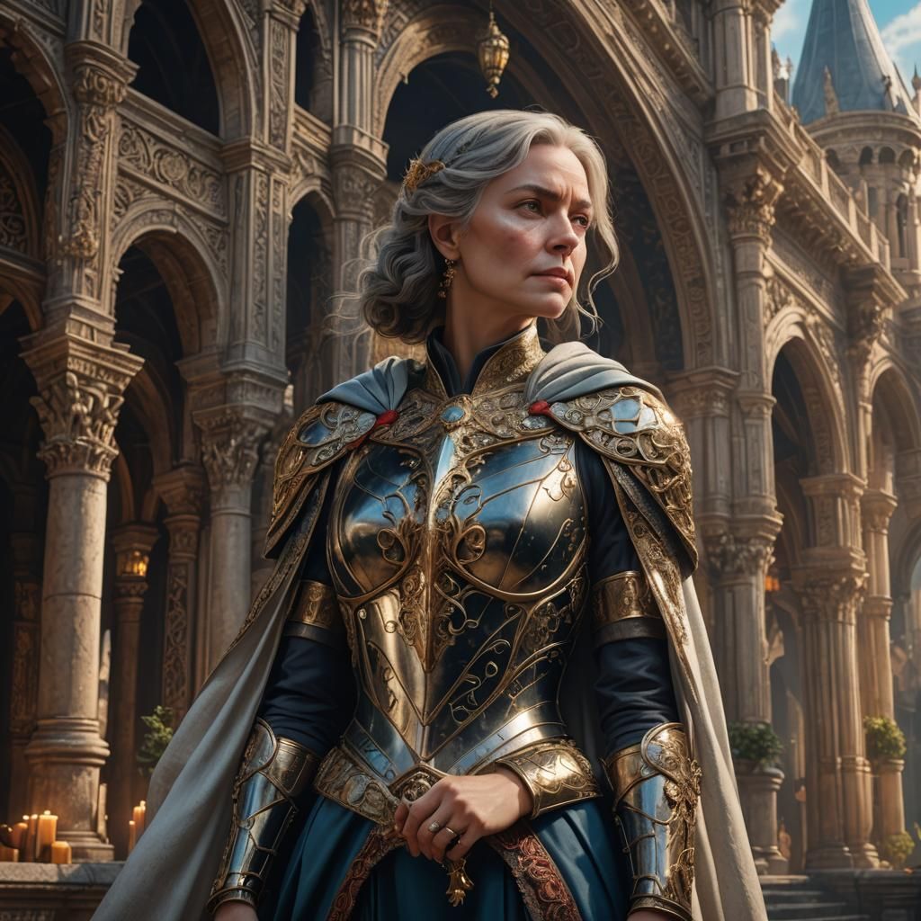 Mature renaissance woman regal and stoic with plated armor and silky draped cape flowing behind over her shoulder surrounded by intricate ar...