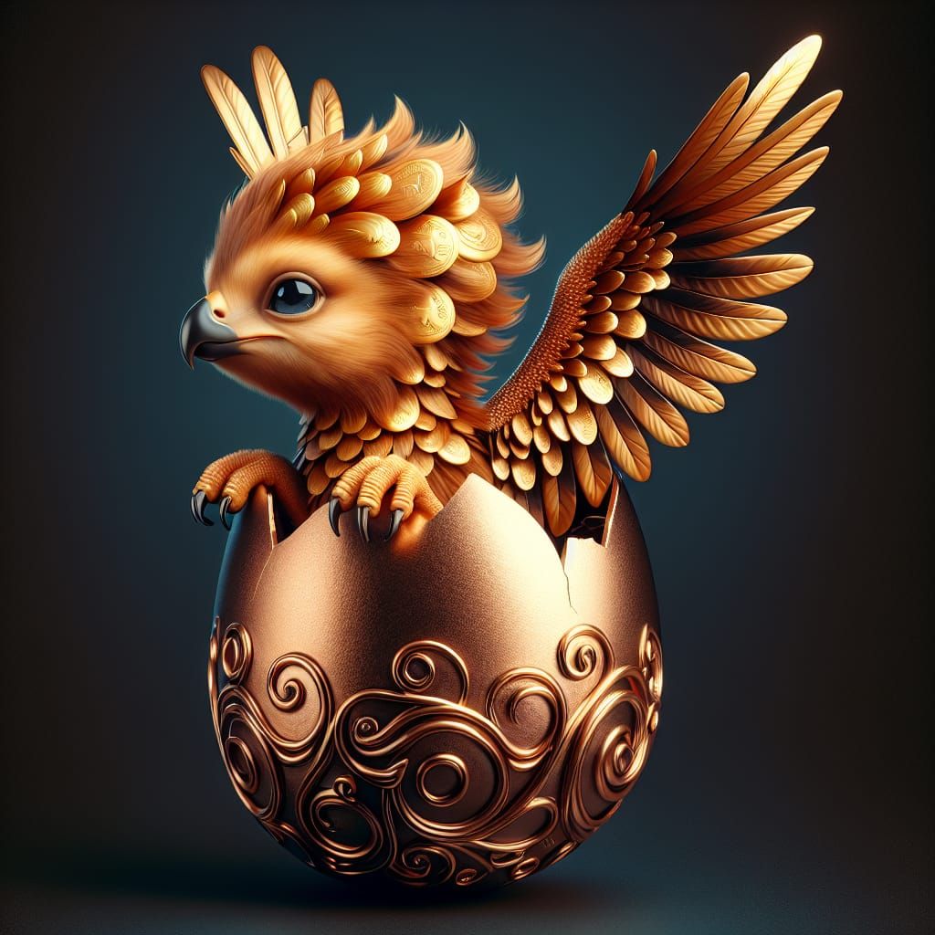 an adorable baby griffin with feathers reminiscent of gold coins ...