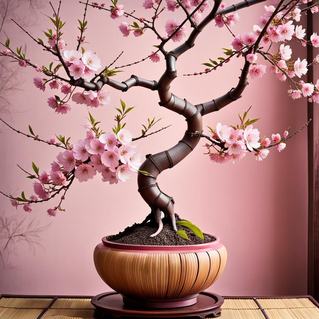 Arrangement of bonsai and sakura branches in a polished bamboo vase on
