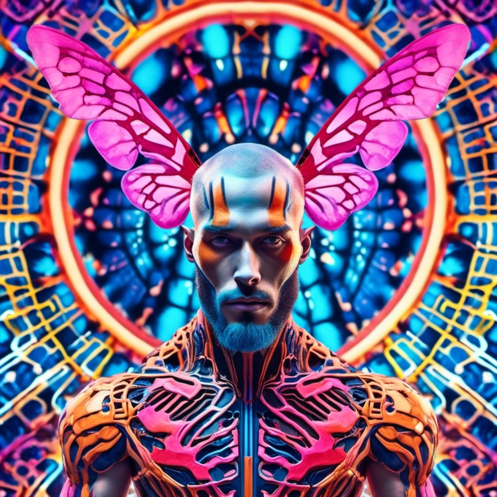 Handsome prince charming buzzcut blonde hair beard muscle , muscle pastel skeletal system skeleton bone armor double helix fractals mandala...