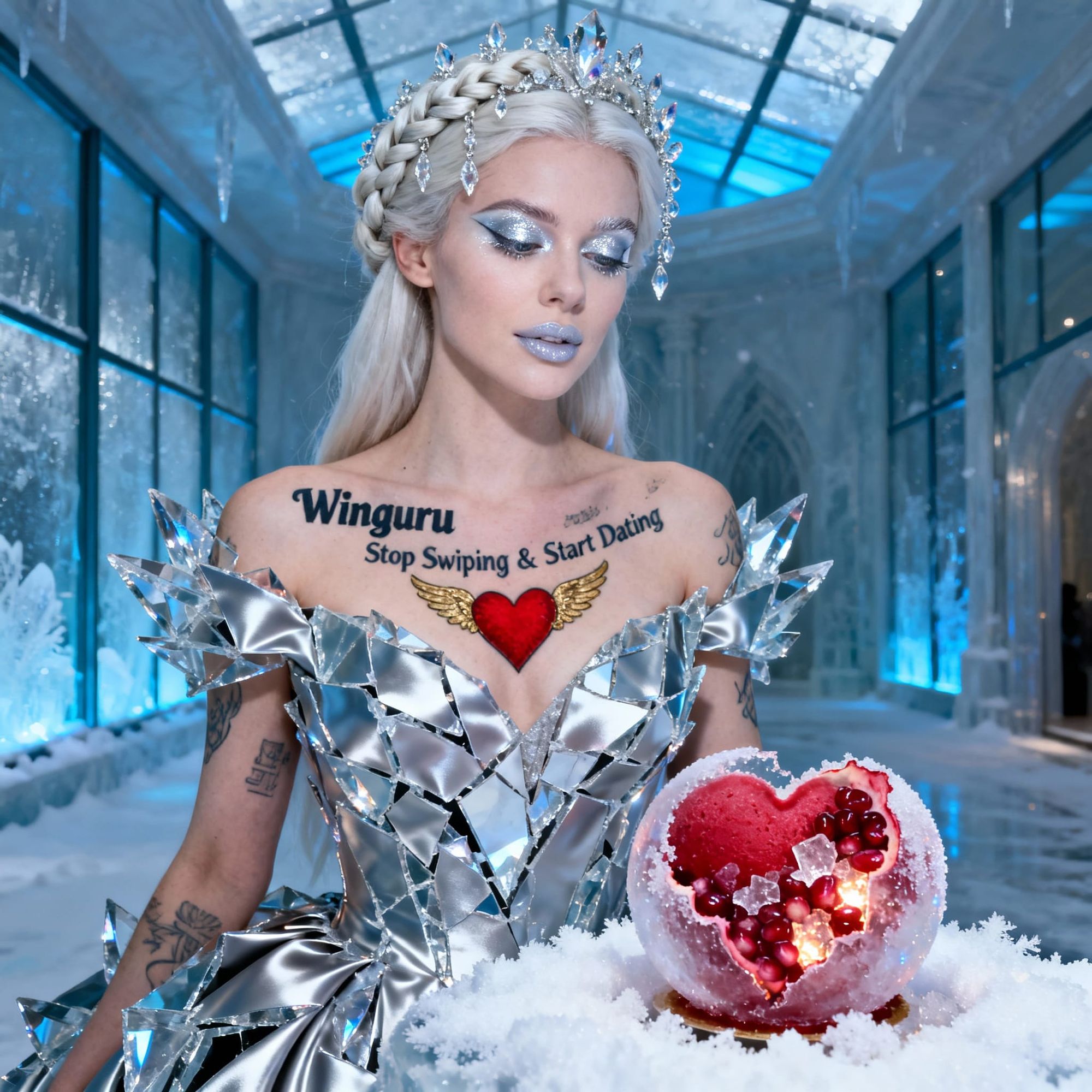 A striking woman in a couture gown sculpted from shimmering silver satin, shaped like fractured ice shards, catching every glint of light. H...