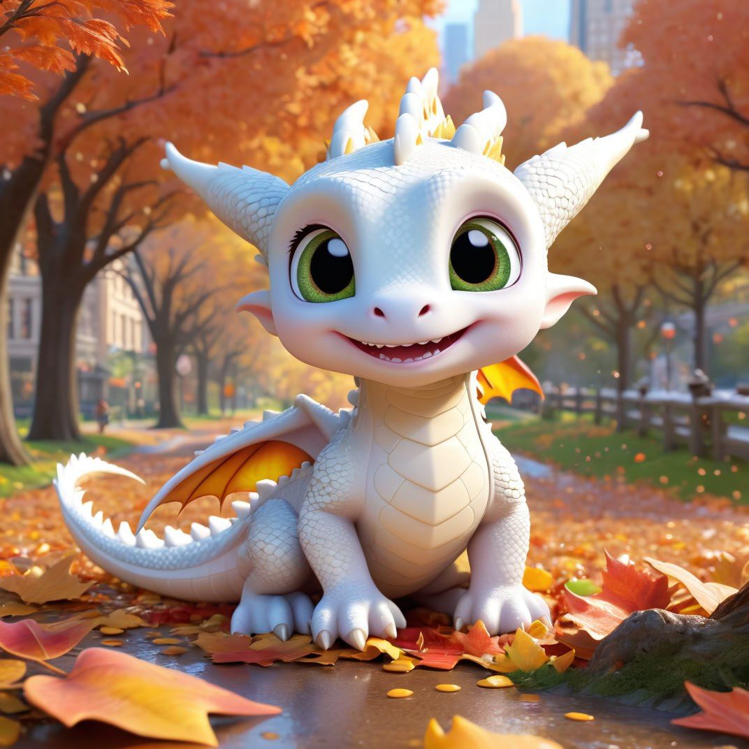 A baby dragon with large green eyes and pale white scales is...