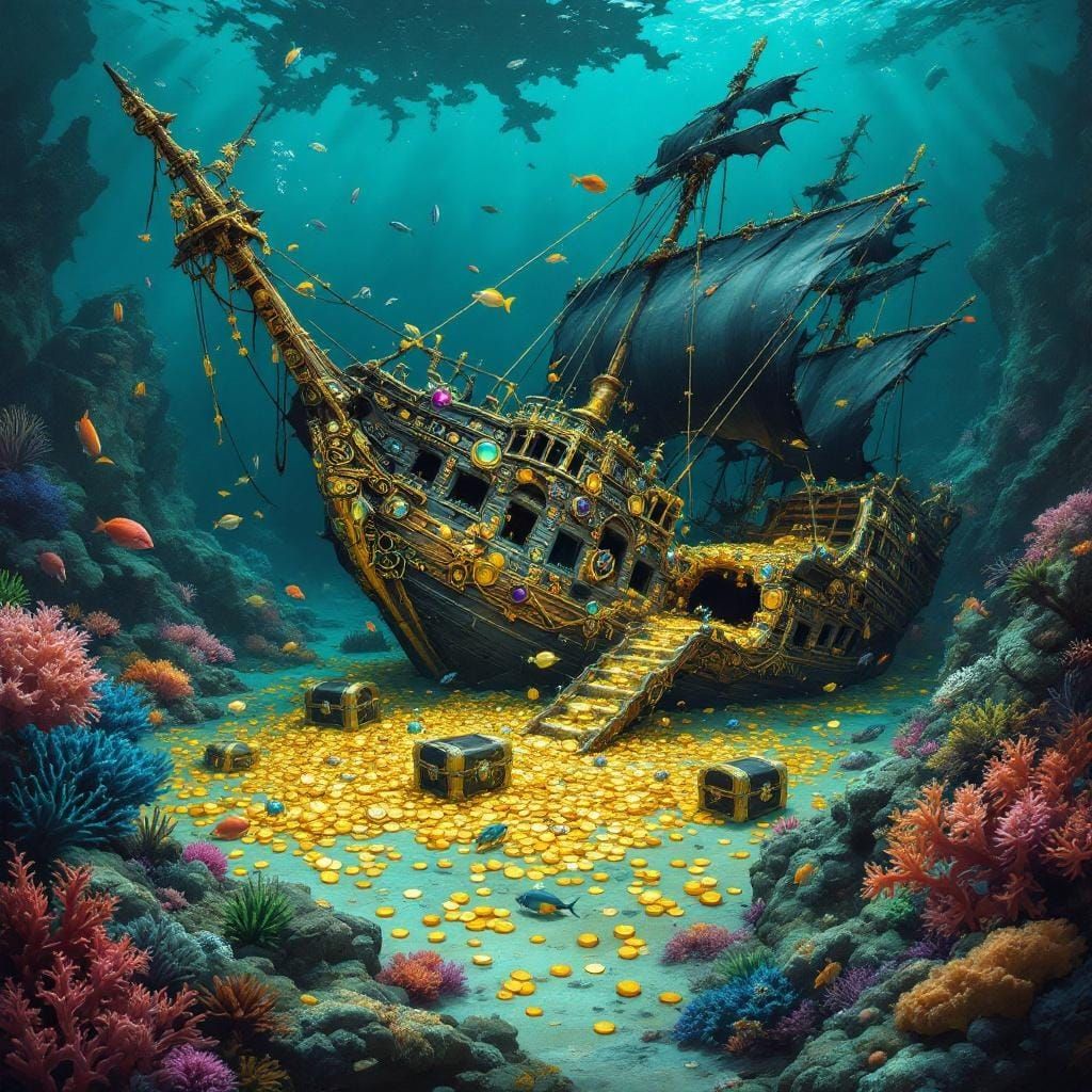 A wrecked pirate ship resting on the ocean floor, broken hull and torn sails, surrounded by scattered treasure chests, gold coins, and jewel...