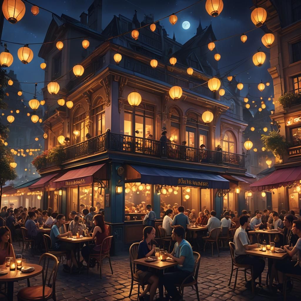 Vibrant Nocturnal Party Scene in Fantastical Oil Painting St...