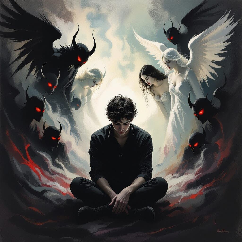 Young depressed man surrounded by demons and angels  by @Natanael 