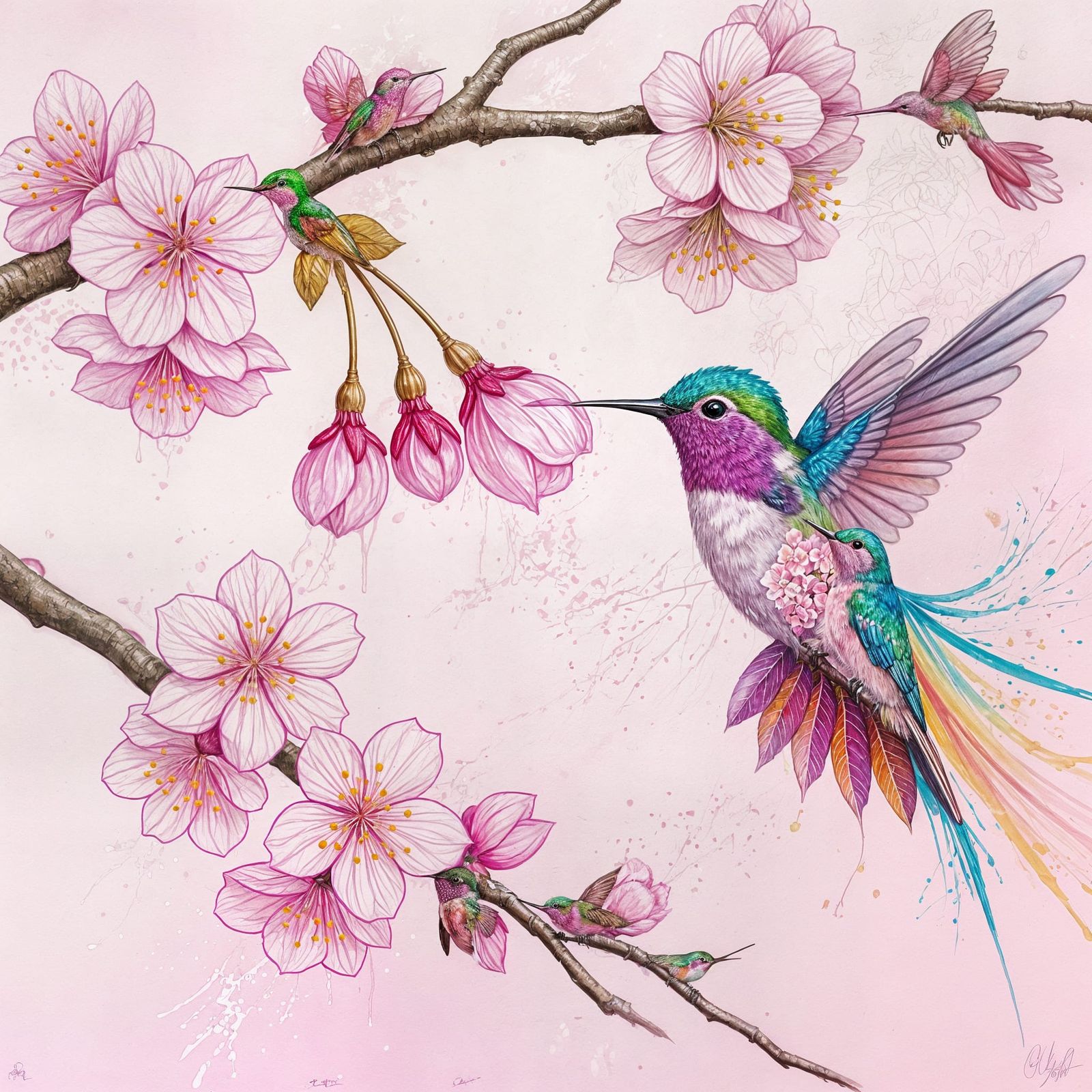 Hummingbird and Cherry Blossom in Watercolour Graffiti Art