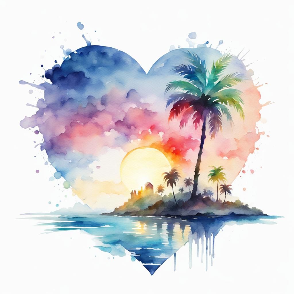 a faded watercolor of a heart shaped island with a palm tree. luminescent. glowing. Willem Haenraets style. white background in the shape of...