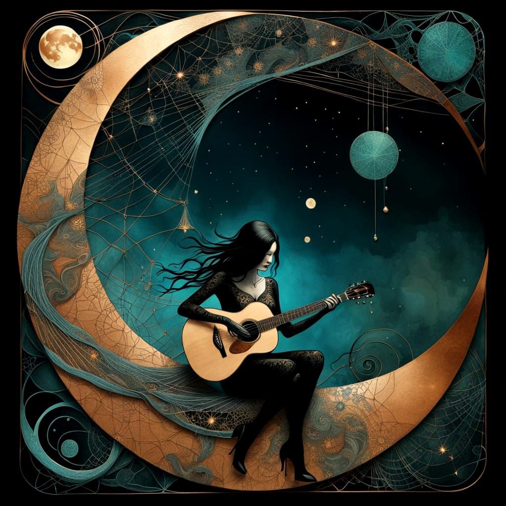 Girl Playing Guitar on a Crescent Moon in Textile Art Style