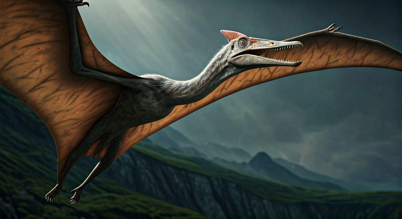 Up close, PTERODACTYL in flight, intricate wing details, HDR, beautifully shot, hyperrealistic, sharp ...  by @Wildflowers77 