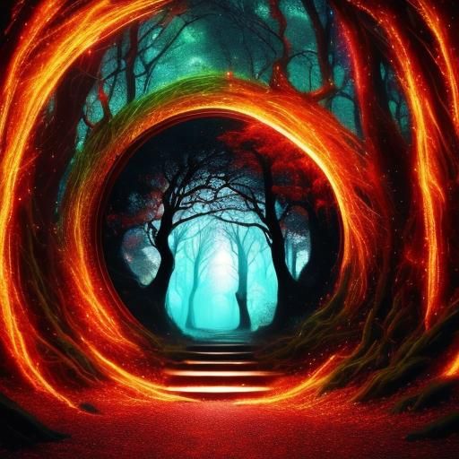 a toddler girl walking into a beautiful vivid round swirling red and gold magical portal door, portal in a dark forest, vibrant colours, bla...