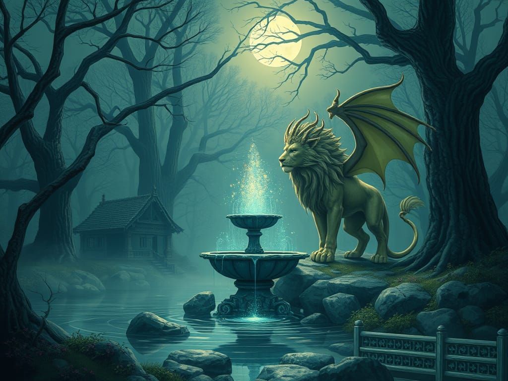 Chrysimodelion Guards Fountain Under Ancient Trees